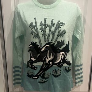 Vintage 70's Tiffany Manor Embroidered Sweater Size L Horses Shades Of Green